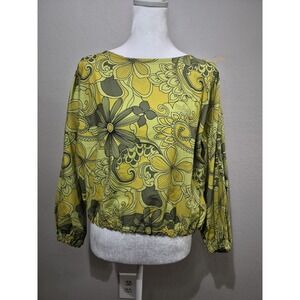 BRYN WALKER GIANNA BLOUSE 100% ORGANIC COTTON POPLIN CROPPED FLORAL SIZE XS